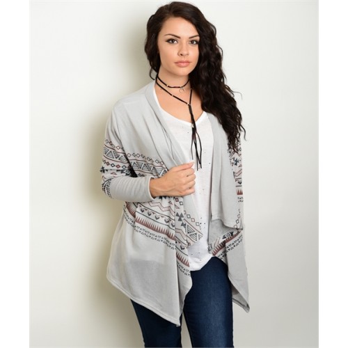  GRAY BROWN PLUS SIZE TRIBAL CARDIGAN