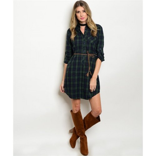  OLIVE NAVY PLAID DRESS